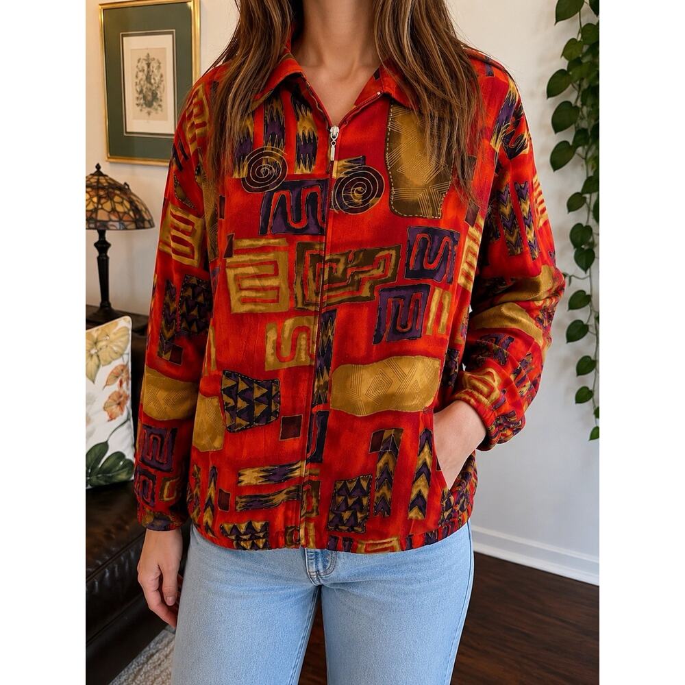 Vintage Erin London Abstract Print Zip Jacket Women’s Small Red 90s
